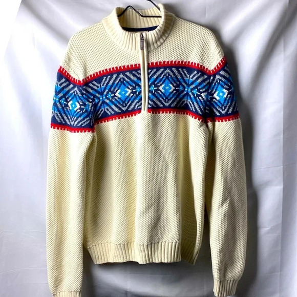 IZOD MENS SIZE XL CREAM SWEATER 3/4 ZIP FAIR ISLE CHEST PRINT CLEAN - Picture 1 of 13